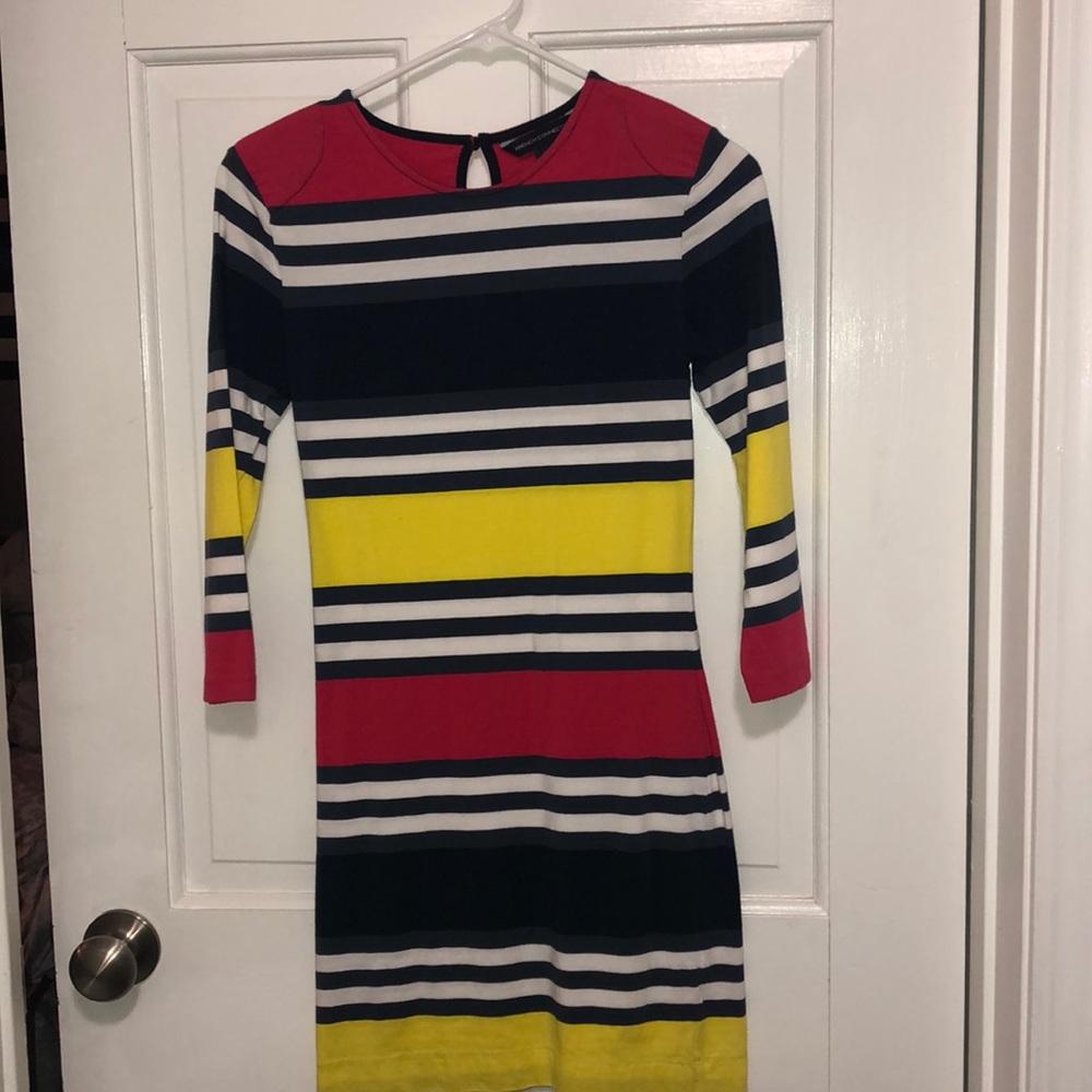 Blue, yellow, red and blue striped dress
